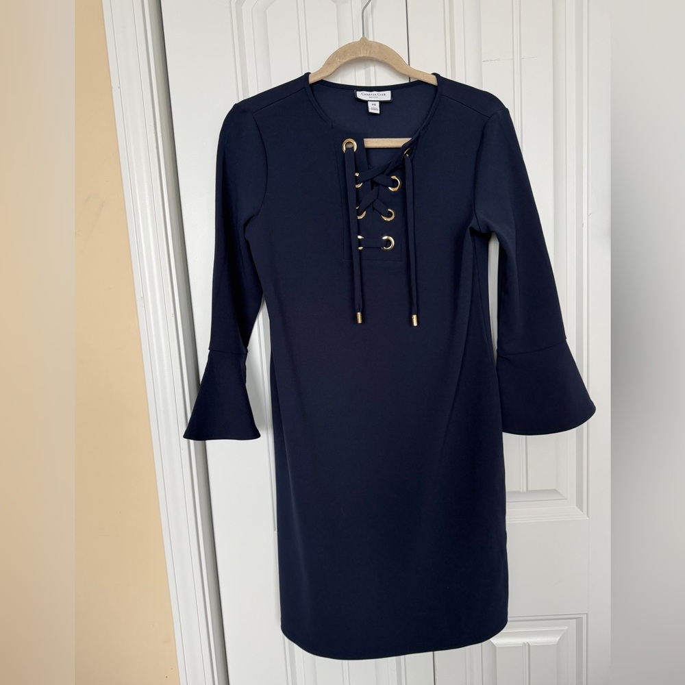 Elegant Navy Lace-Up Dress with gold accents